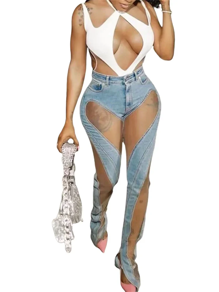 y2k Clothes Streetwear Jeans Elastic Pants Women Casual High Waist Design Casual denim Blue Patchwork denim Trousers Pants 5
