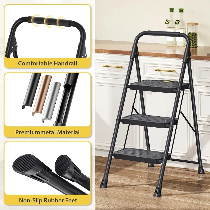 3 Step Ladder, Sturdy Steel Step Stool with Anti-Slip Wide Pedals, Handrail, Safe-Lock Design, Pass 800lbs L 5