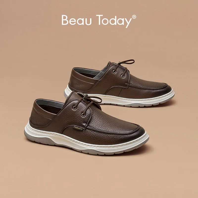 

BeauToday Casual Flats Men Lace Up Round Toe Closure Metal Eyelets Genuine Leather Spring Outdoor Male Shoes Handmade 50080