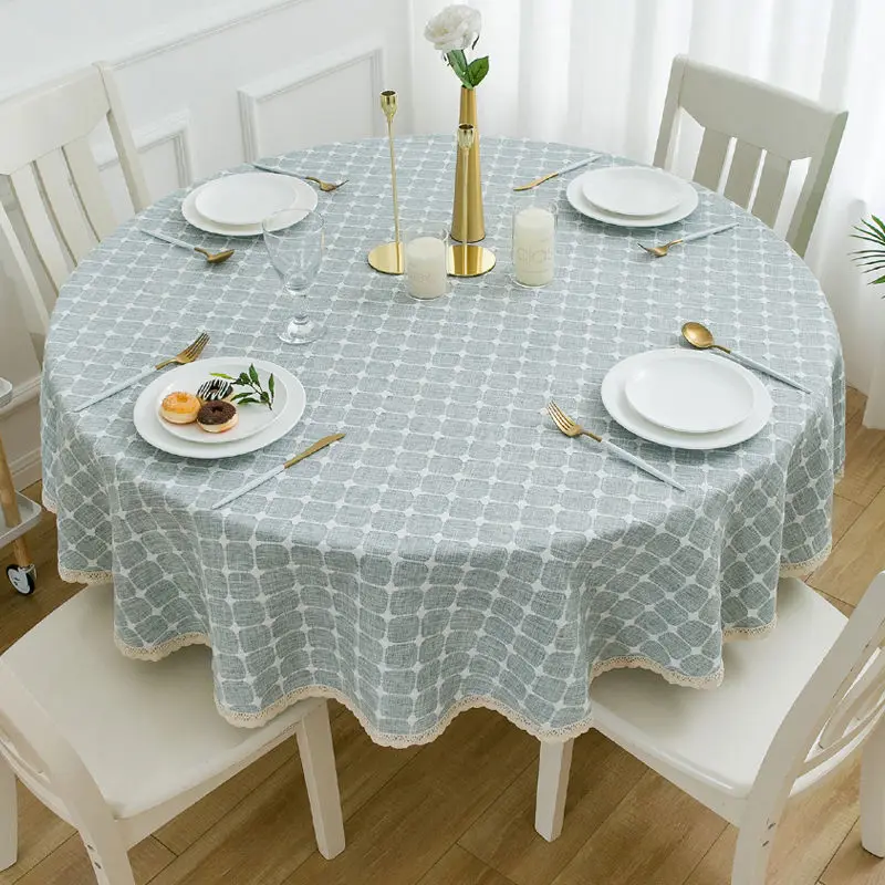 Table Cloth Round Diameter 140cm Plaid Linen With Lace Elegant Table