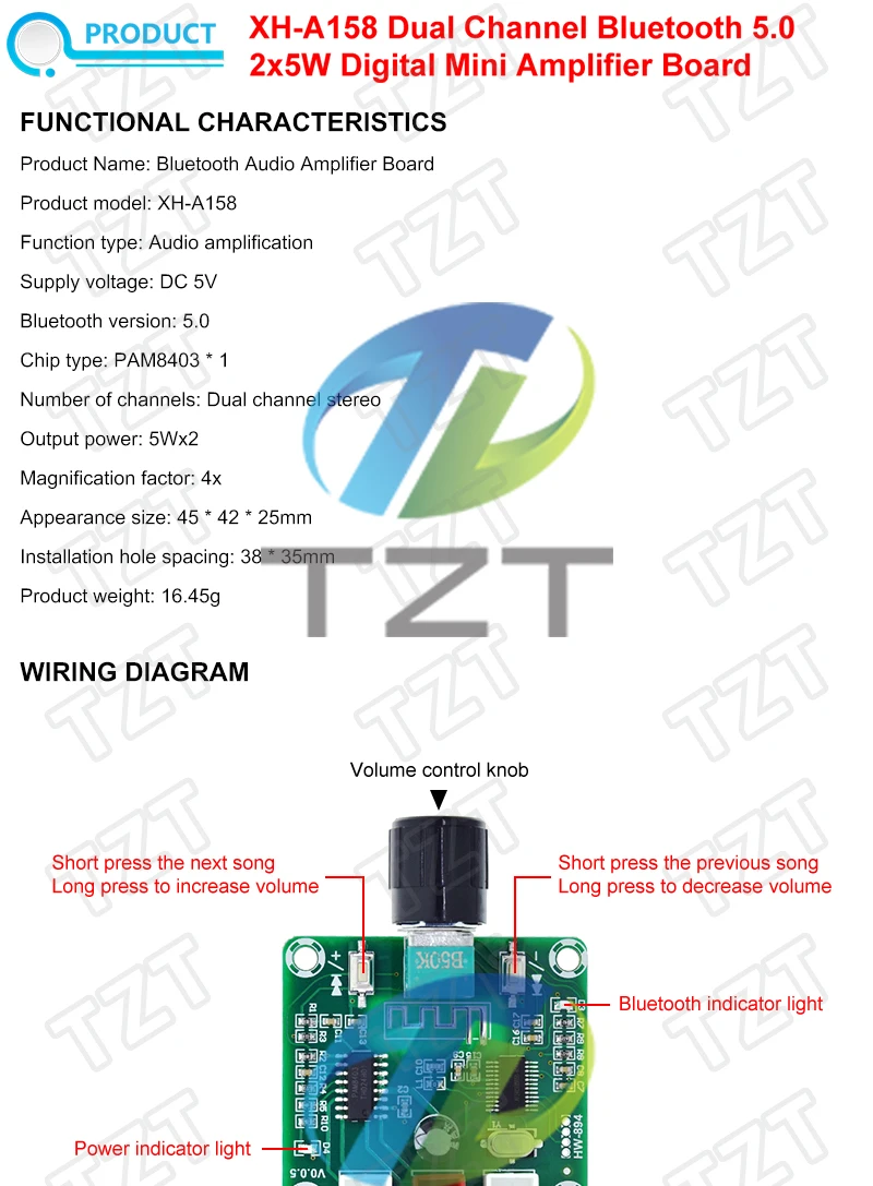 XH-A158 ultraklare Bluetooth 5.0-Leistungsverstärkerplatine TZT pam8403 kleine Leistung DIY drahtlose Lautsprecherverstärkerplatine 5W*2 – Detail 1