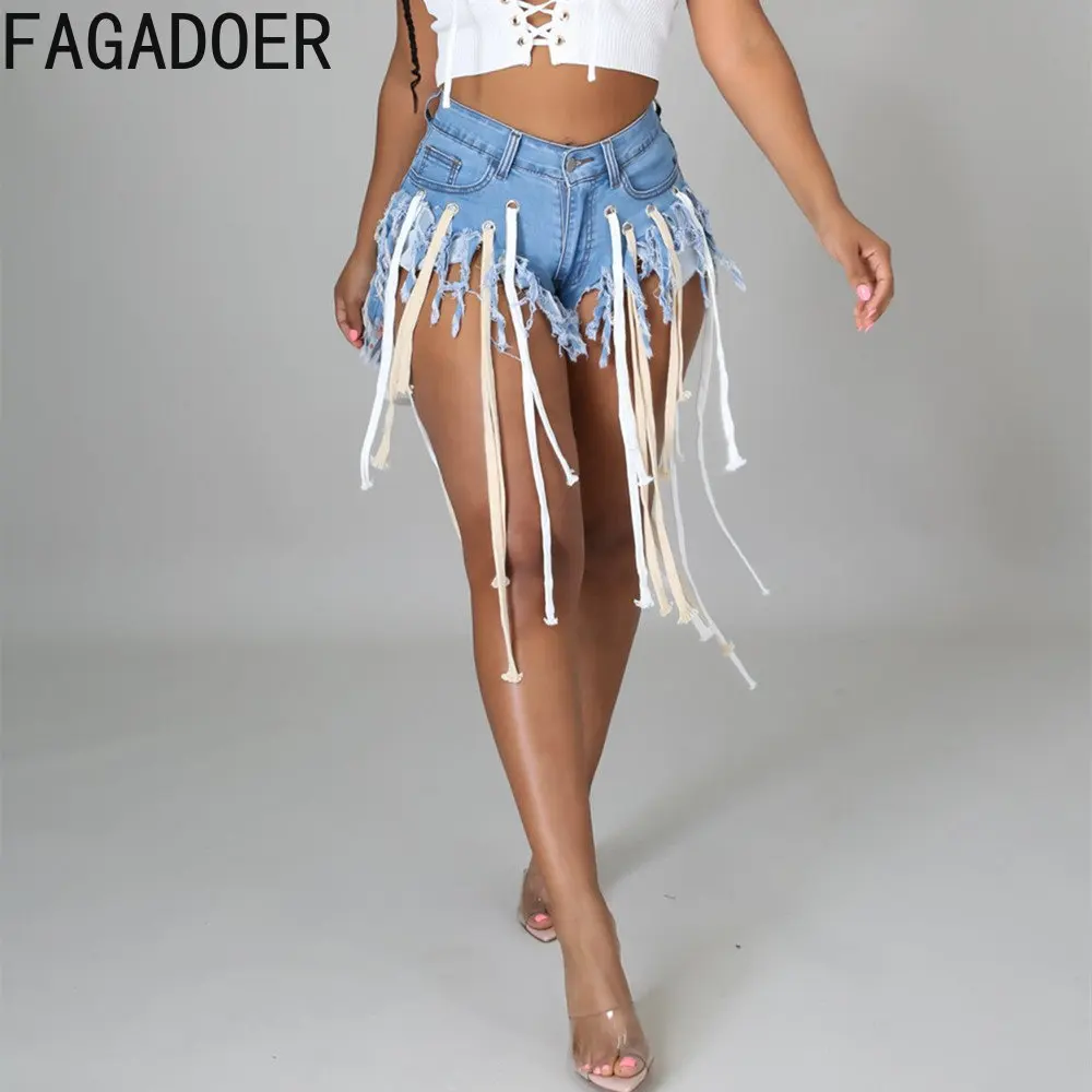 FAGADOER Fashion Streetwear Women Tassels Design Denim Shorts Female High Waist Button Zipper Cowboy Shorts Casual Bottoms Blue