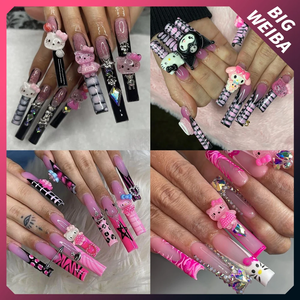 

XXXL Rectangle Fake Nails Sanrios 3D Hello Kitty Mymelody Kuromi Kawaii Pink Diamond Strong Firm Long Press On Nails Sticke