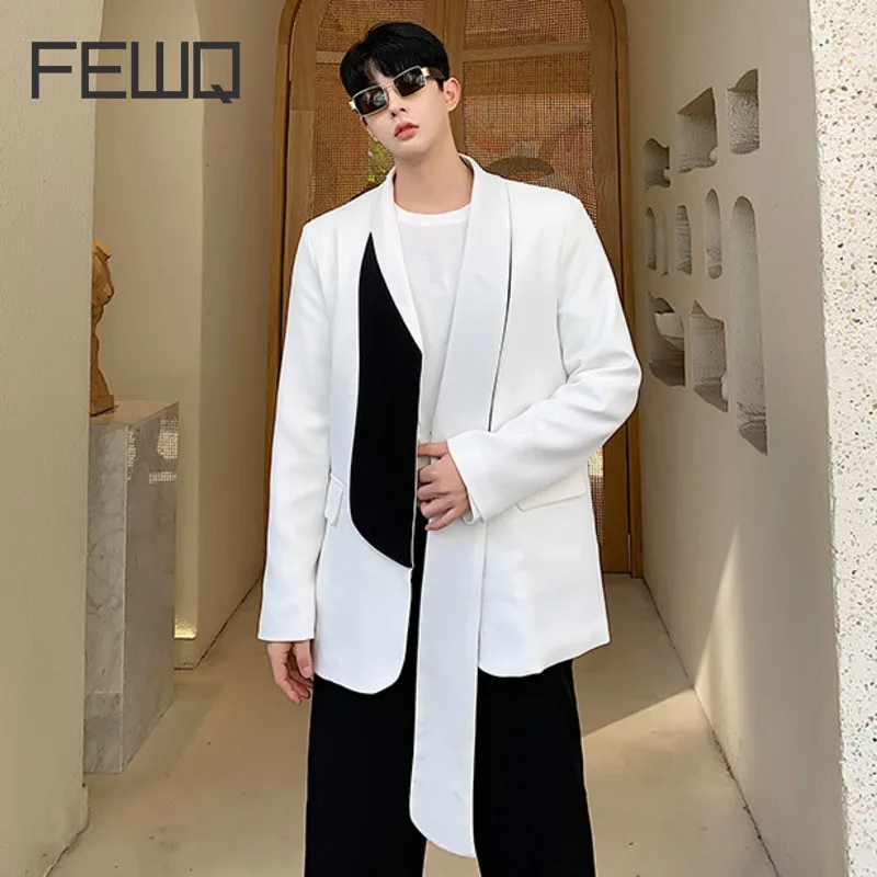 

FEWQ 2023 Men's Ribbon Blazer Stitching Color Male Korean Fashion Suit Jackets Niche Design Coats Autumn Casual New Tops 24D3066
