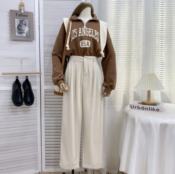 2023 High Waist Women Retro Corduroy Pants Fall Straight Causal Full Length Trousers Vintage Coffee Pockets All Match Pants New