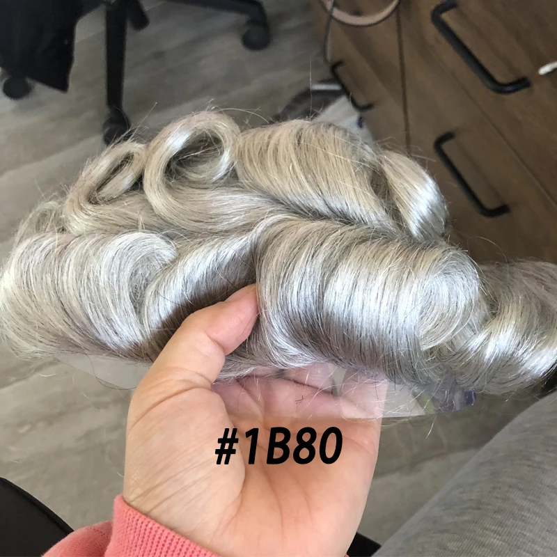 Human Hair Toupee Men Wig Natural Hairline #1B80 Gray Wave Full Skin 0.02mm