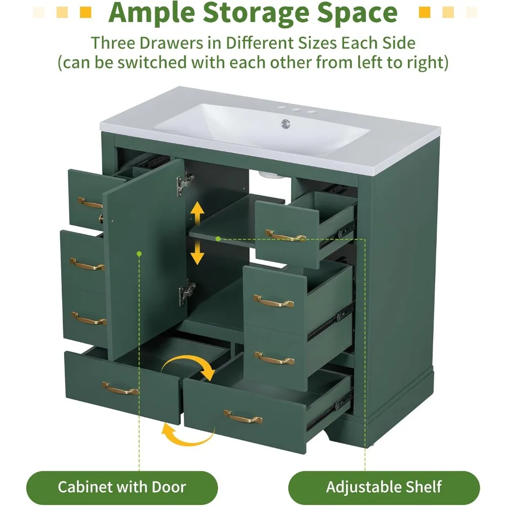 36 Inch Bathroom Sink with Sink, Standalone Single Basin Sink Set, Cabinet with 6 Drawers and Adjustable Shelves 4