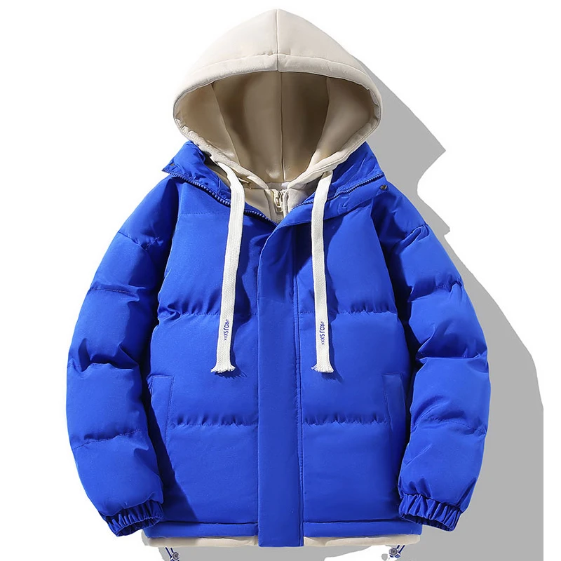 

Outdoor Winter Jackets Men Zipper Streetwear Windproof Fake Two Pieces Jackets Hooded Parkers Male Thick Thermal Cotton Coats