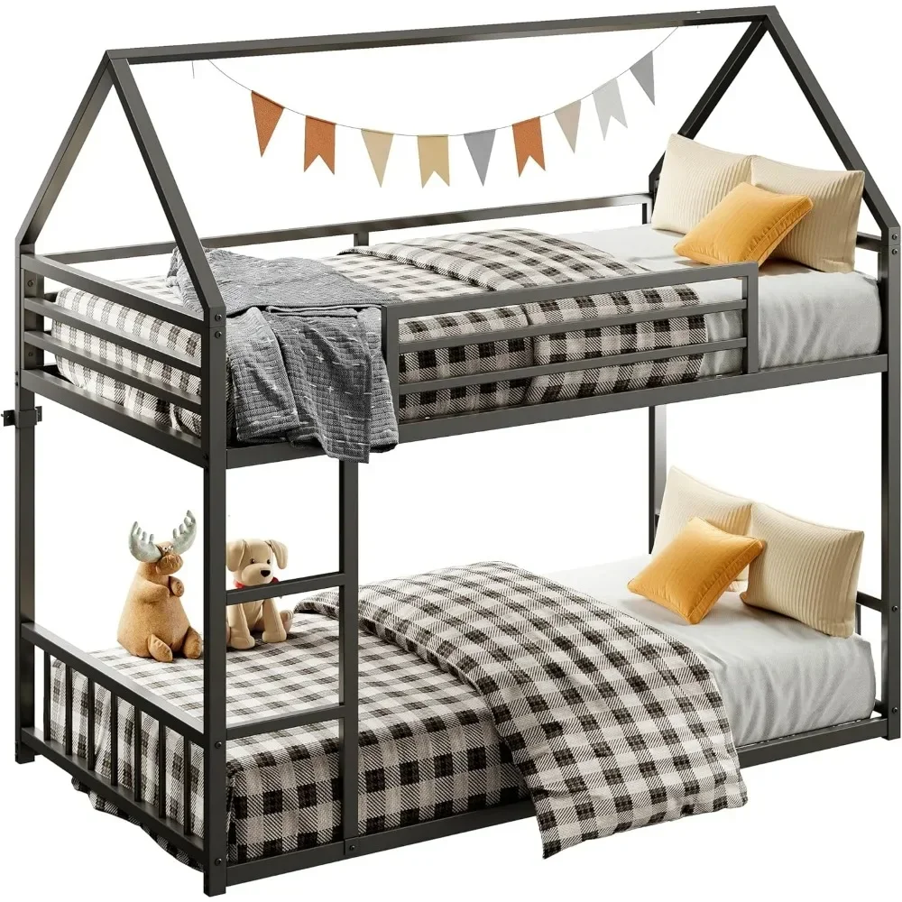 Bunk Beds Twin Over Twin, House Bunk Bed Frame with Ladder and Guardrail, House Shaped with Metal Slats Bunk Beds for Kids 5