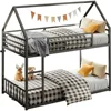 Bunk Beds Twin Over Twin, House Bunk Bed Frame with Ladder and Guardrail, House Shaped with Metal Slats Bunk Beds for Kids 5