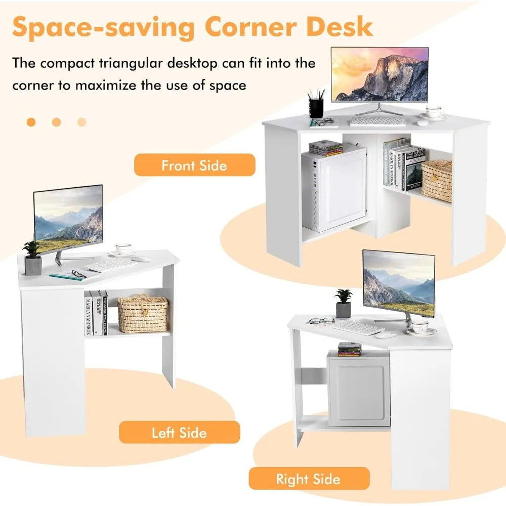 Corner Computer Desk, Space-Saving Triangular Writing Desk w/ 2 Storage Shelves & 2 Cable Holes, Multi-Functional Consol 6