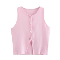 MUJER Pink Knit Sleeveless Vest Women Cropped Sweater Vest Top Women Yellow Button Vests Women Streetwear Waistcoat Knitwears - Image 2