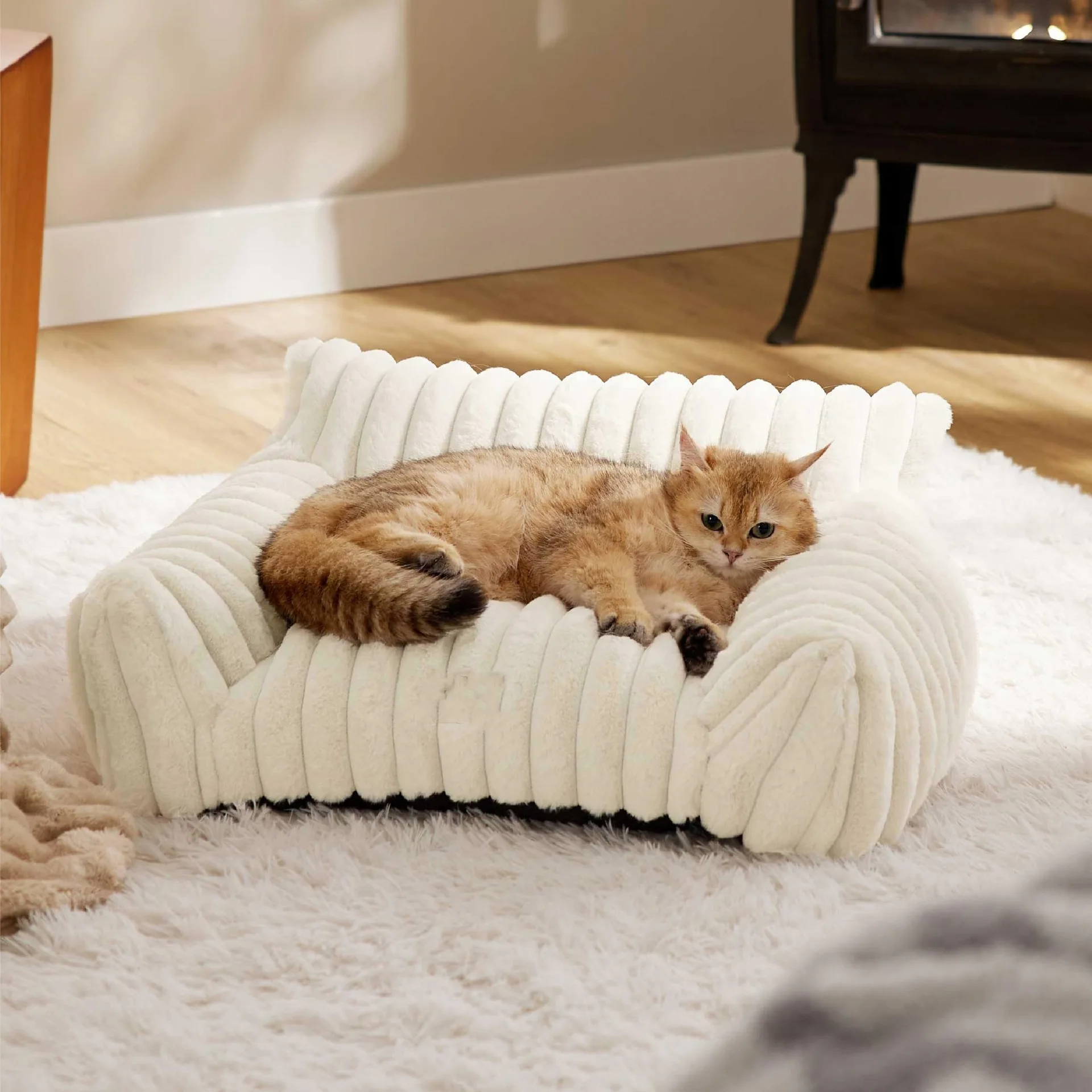 Fluffy Cat Sofa – Soft Corduroy Pet Bed with Removable Cover 3