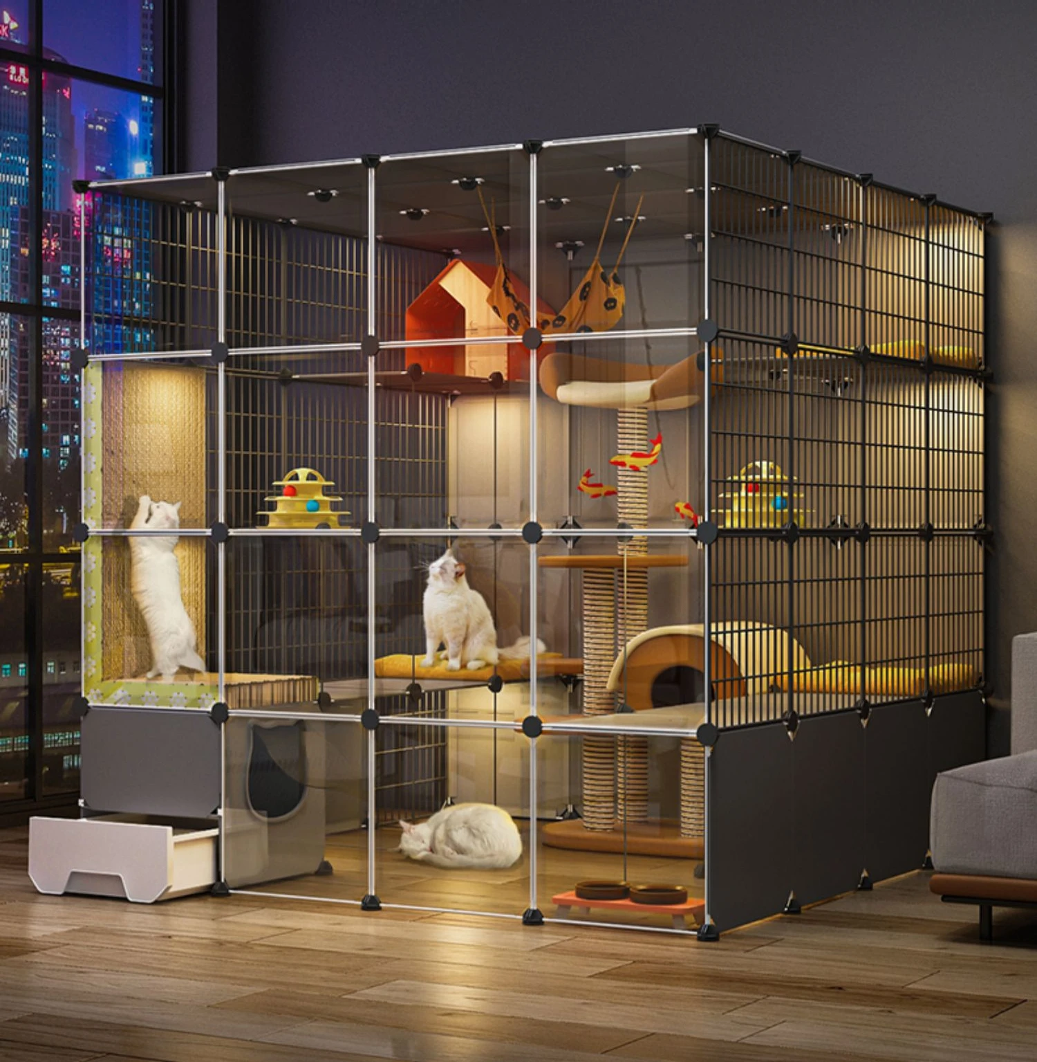 

Cat cage, large free space, indoor cat house, cat litter basin, climbing frame