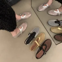 Ballet Flat Mary Jane Sandals Women's round Toe Mesh One-Strap Flashing Flat Bottom Hollow out Fishing Net Shoes Roman Style