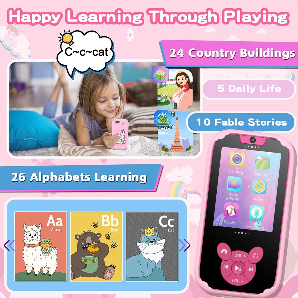 Kids Smart Phone Toys 2.8” Touchscreen Toddler Learning Puzzle Game Music Palyer for Girls Boys Age 3-10 Baby Toys Birthday Gift 4