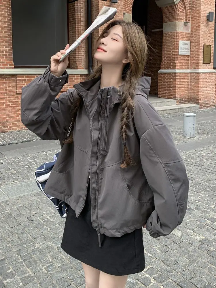 Women's New Hooded Sunscreen Jacket Outdoor Street Wear Tops Korean Y 2k Harajuku Clothes Casual Short Section Zipper Coat