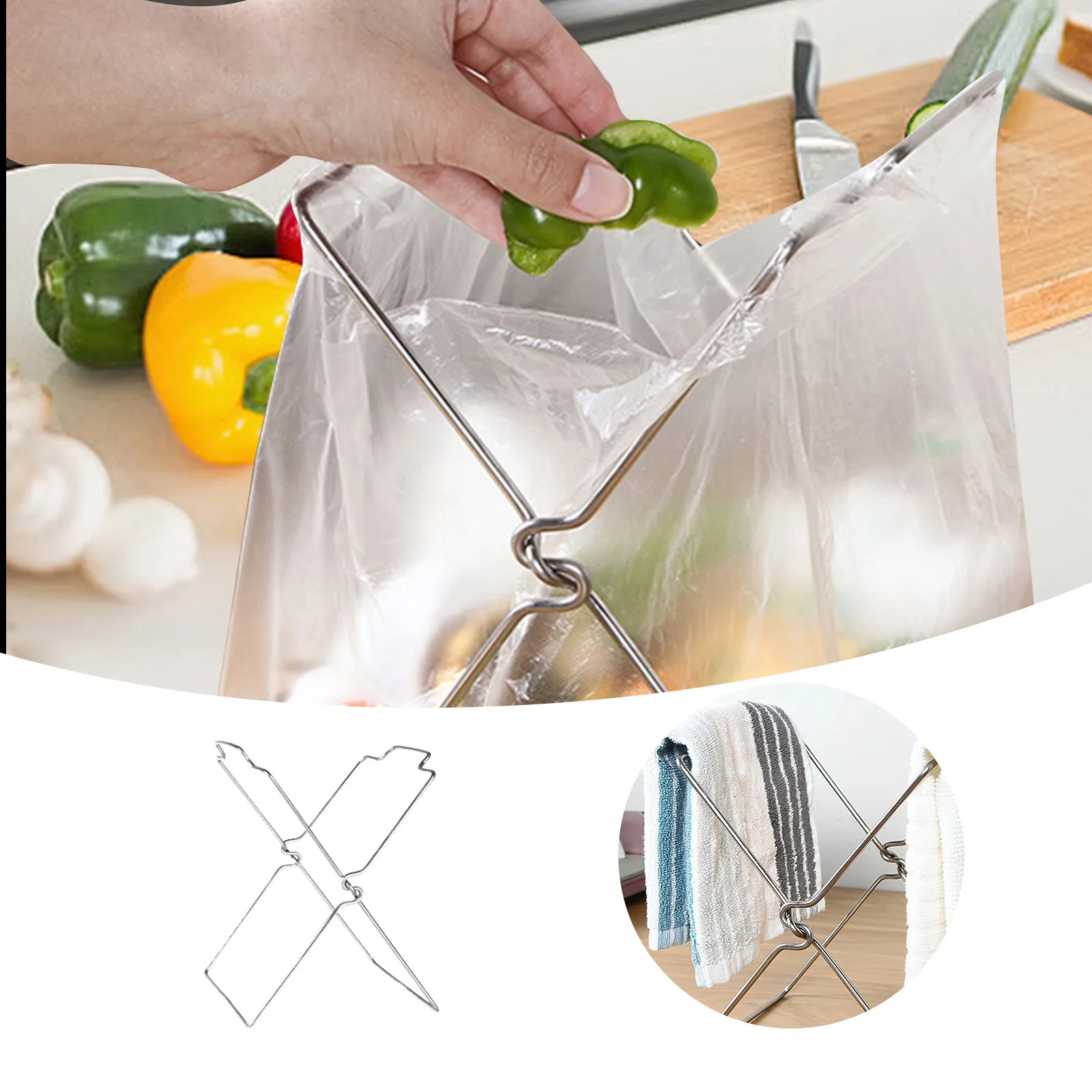 

Kitchen Countertop Garbage Bag Shelf Rag Rack Foldable Kitchen Trash Can Hanging Plastic Bag Stainless Steel Shelf Storage Rack