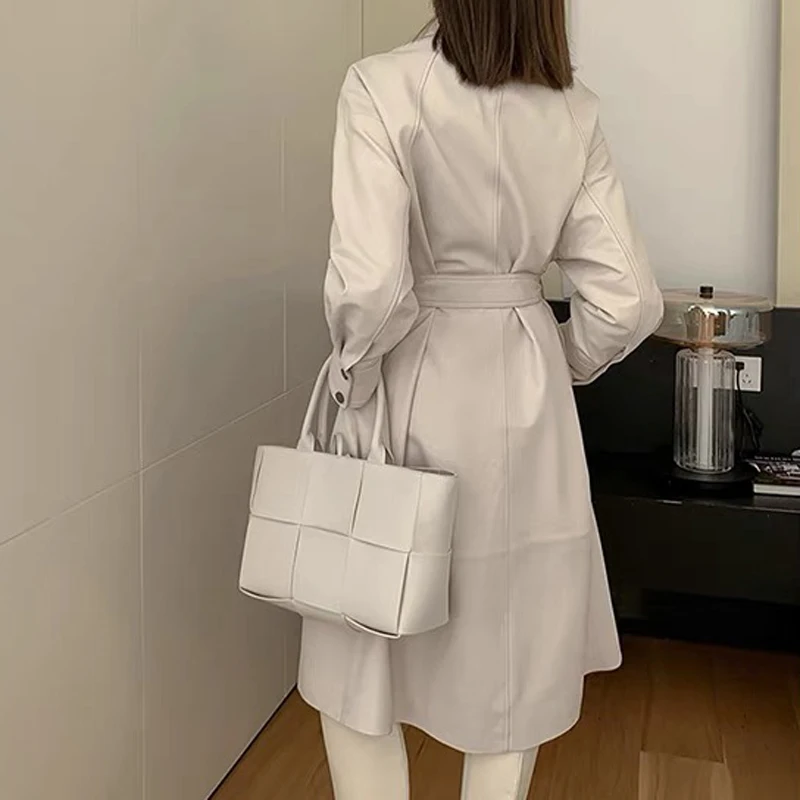 White Leather Trench Coat Women 2024 Autumn/Winter New Versatile Waist Belt Slimming  Long Windbreaker Feminino Warm Mantel 2
