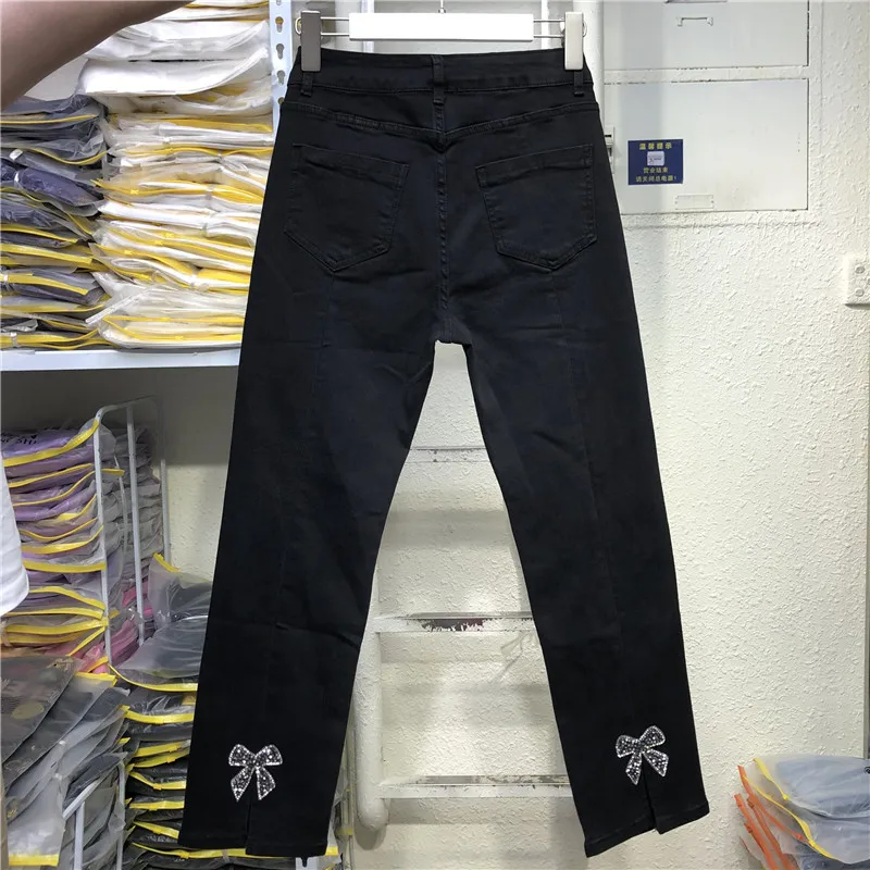 Split Bow Rhinestone Black Straight Jeans Woman High Waist Cotton Elastic Denim Pants All-match Ankle-length Long Trousers european street long skinny rhinestone jeans women s denim trousers 2023 new autumn stretch high waist slim horseshoe pants