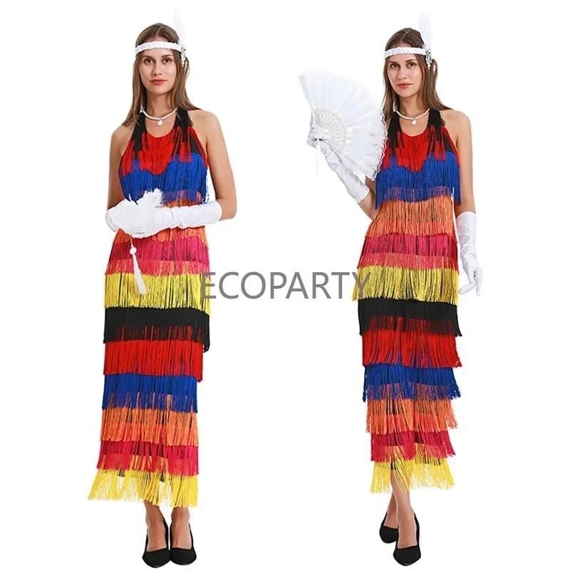 

Retro Carnival Party Dress Hanging Neck Open Back Tassel Dress Tribal Stage Performance Clothing Summer Dress with Accessories