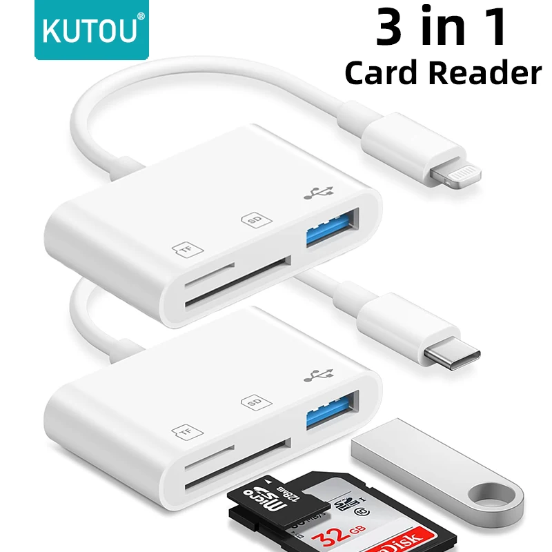 Card Reader KUTOU 3 In 1 Adapter TF CF SD Memory Flash Card Reader USB Type C OTG Writer for iPhone for iPad Macbook Huawei Samsung Xiaomi
