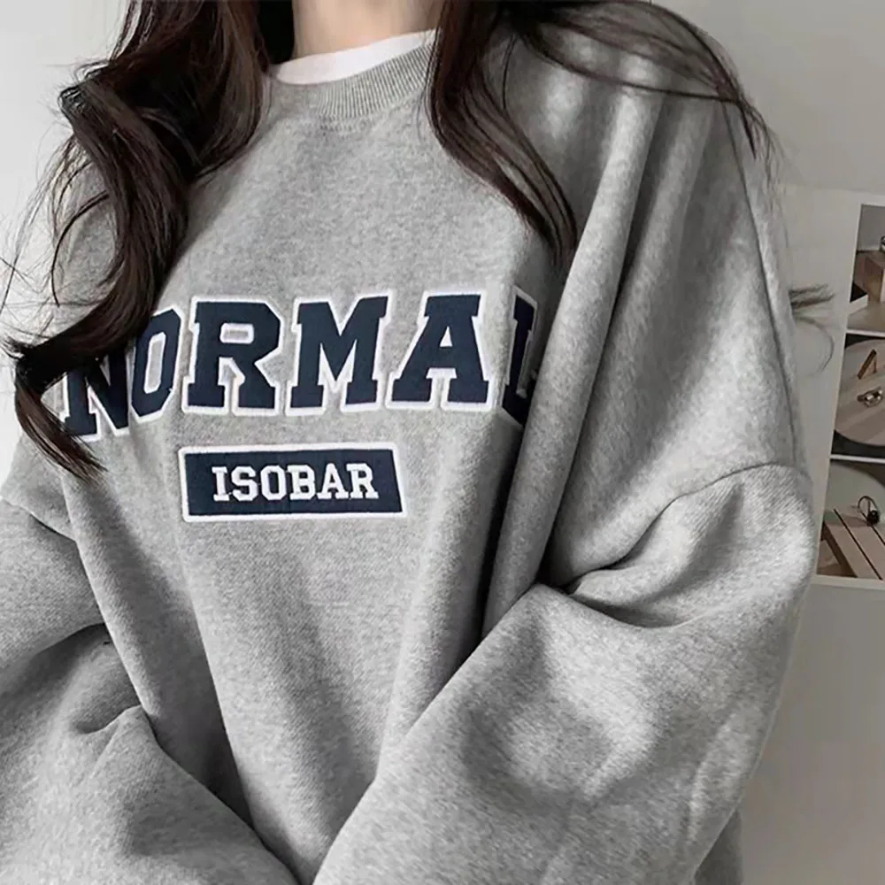 Grey Crew Neck Hoodie For Women Korean Loose Long Sleeve Letter Pullover Tops Spring Fall Casual Simple Fleece Warm Sweatshirt