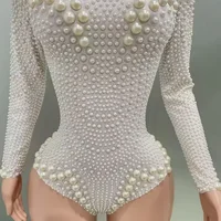 Yiling white pearl long-sleeve sexy elastic tight-fitting jumpsuit club party dress DJ female singer stage performance clothing - Image 5