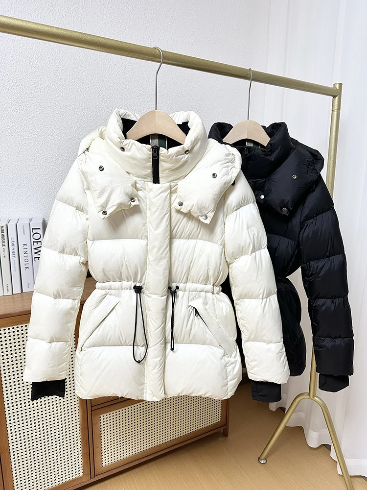 

Russian Winter Goose Down Jacket High Quality Hooded Drawstring Waist Thermal Women Outerwear Leisure Female Thicken Coats