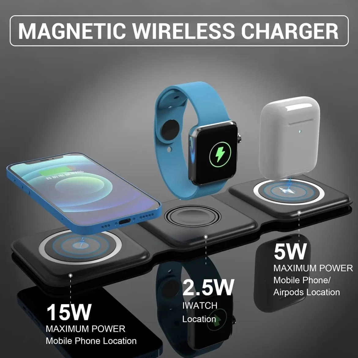 

3 In 1 Wireless Charger 15W Qi Magnetic Charging Pad Foldable Induction For iPhone 14 13 12 11 XS XR 8 Apple Watch 7 Airpods Pro