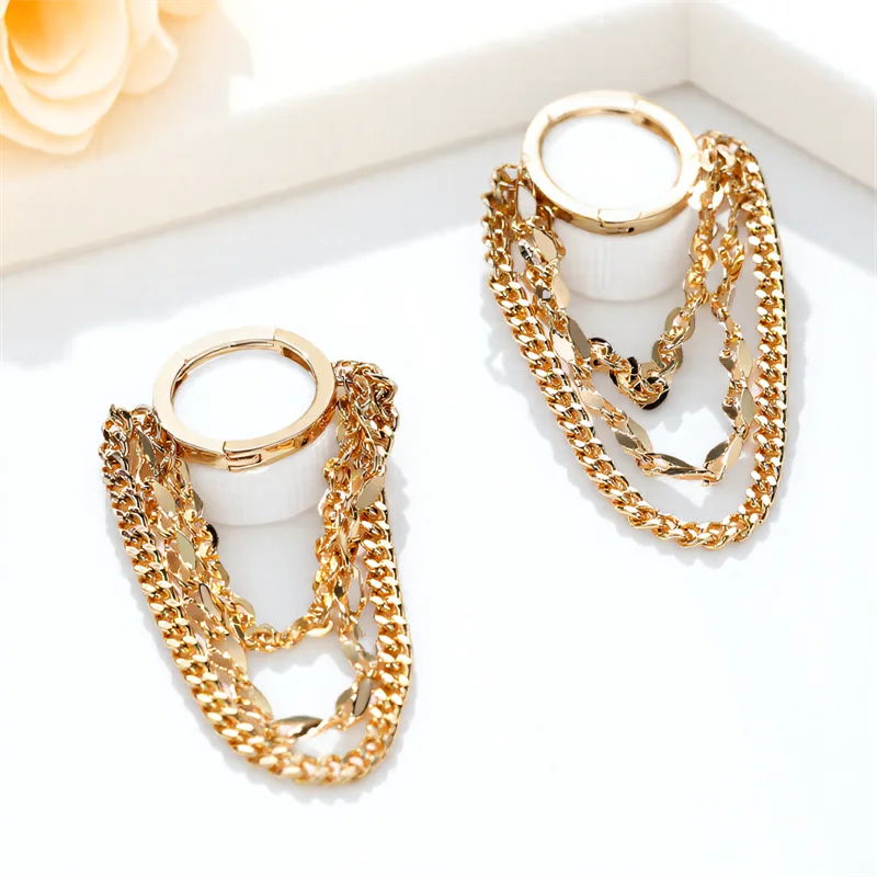 Hip Hop Punk Long Tassel Metal Chains Hoop Earrings For Women Men Vintage Black Rose Gold Silver Color Earring Jewelry Accessory