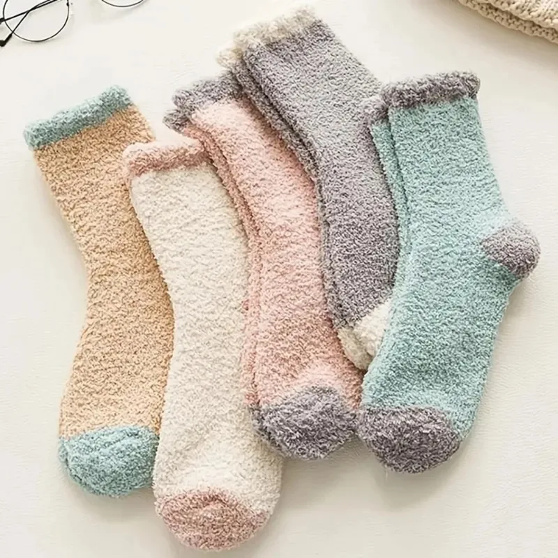 

5 Pairs Women's Warm Coral Plush Socks Soft Fluffy Casual Thickened Wool Socks Medium Sleeve Home Girls' Sleeping Floor Socks