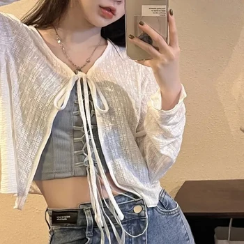 2024 White Tie Up Summer Cardigan Women Sexy Long Sleeve Sheer Mesh Crop Tops Woman Chic All Match Short Printed T Shirt Mujer 1