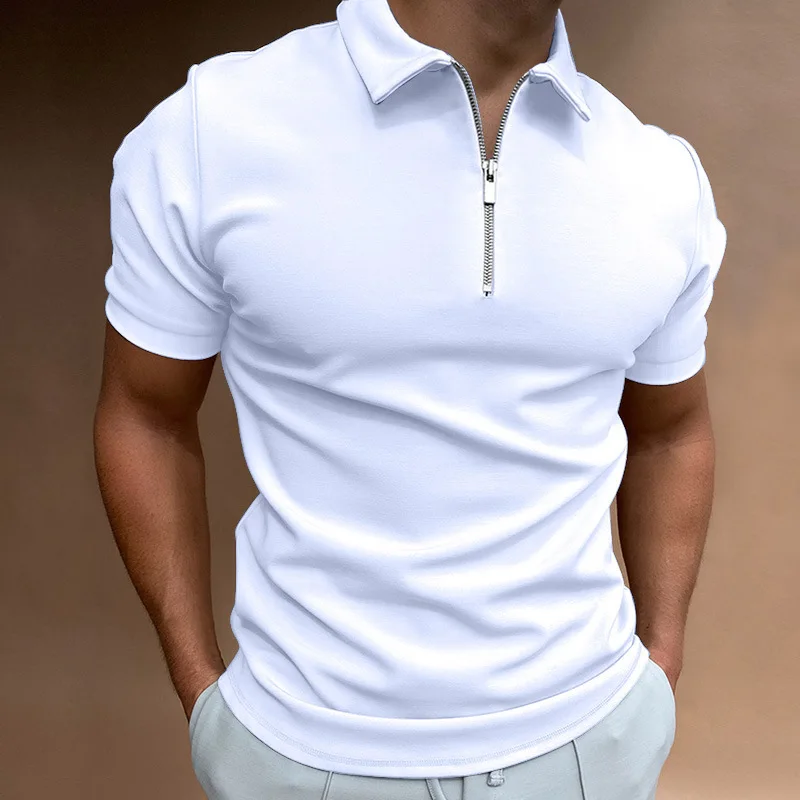 

Summer men's fashion casual solid color zip-up POLO shirt slim short sleeve lapel T-shirt fitted top