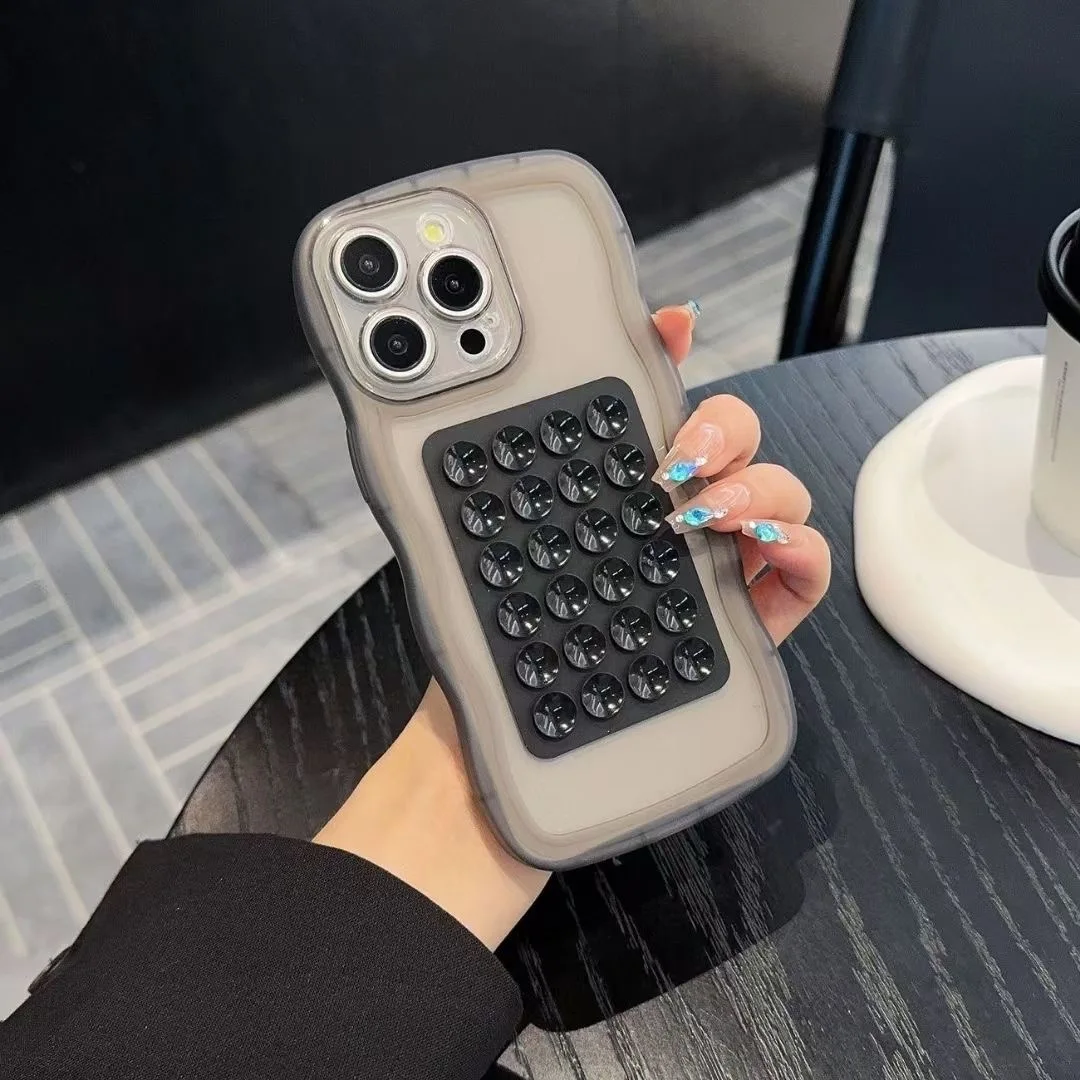 Transparent Shockproof Soft Back Phone Case with Suction Cup Stand and Wave Border Design
