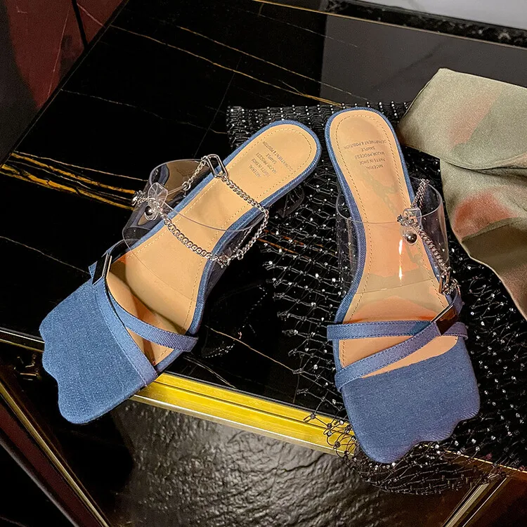 

Denim Blue Strap Women Casual Slides 2023Summer New Shoes 7cm High Heels Prom Sandalias Femmes Silver Outside Footwear Slippers