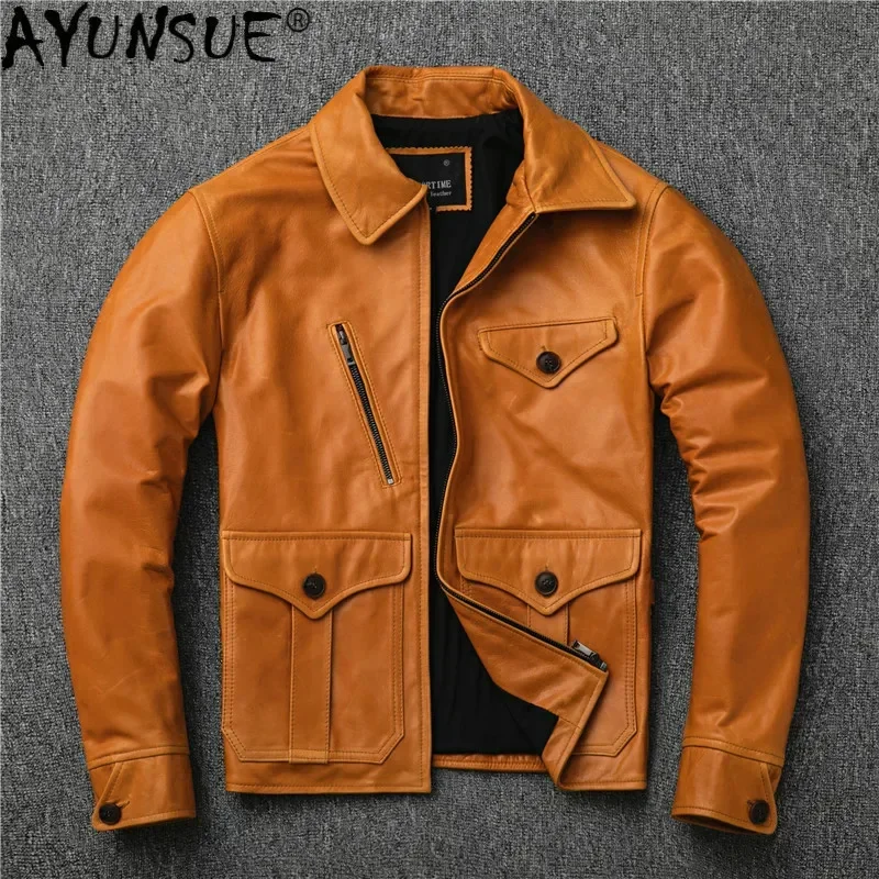 AYUNSUE 남성용 진짜 가죽 재킷, 100% 양가죽 코트, 오일 왁스, 레트로..