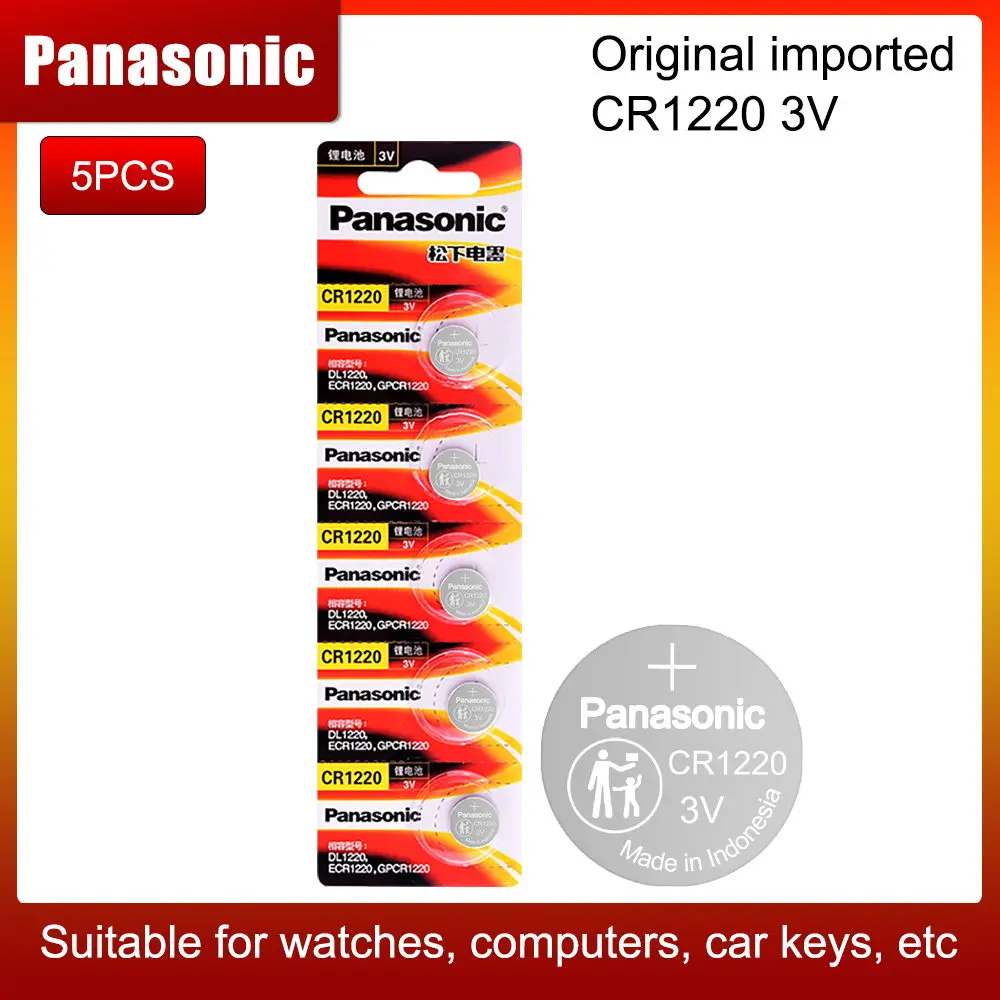 5PCS 3V CR1220 Panasonic Lithium Cell Coin Battery For Car Remote Control Electric Alarm LED Lights Toy Button |