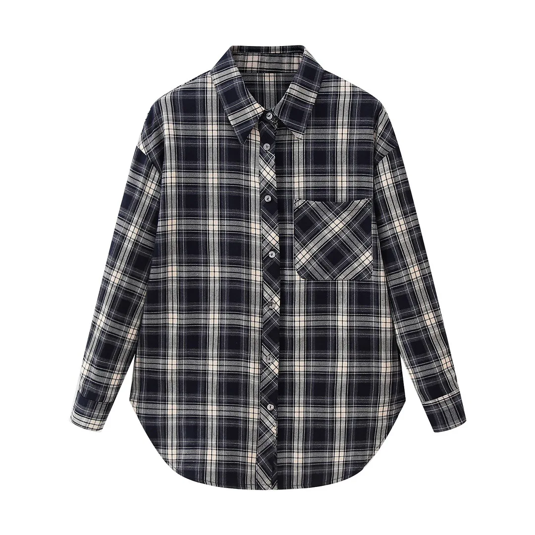 

New Women's Casual Retro Shirts Female Loose Polo Collar Plaid Long Sleeve Shirts Coat