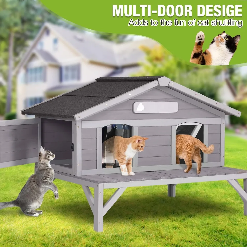 Outdoor Cat House Weatherproof Large Cat Shelter with Insulated Liner for Multiple Cats, Condos for Indoor Cats