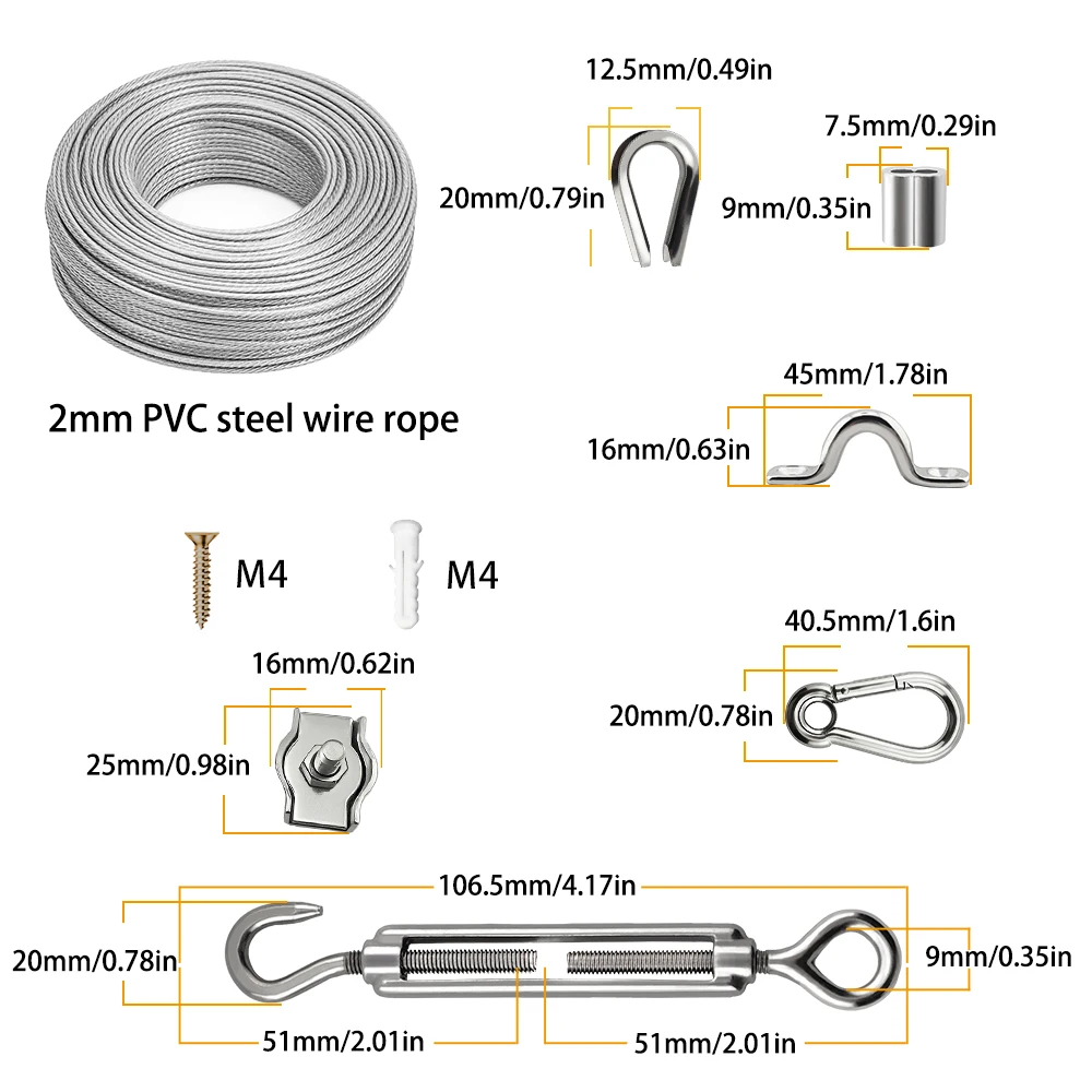 35개/세트 2mm 스테인레스 스틸 와이어 로프 키트(후크 포함) 가드레일 로프 캠핑용 PVC 코팅 고정 캠핑 의류 10/15/20M
