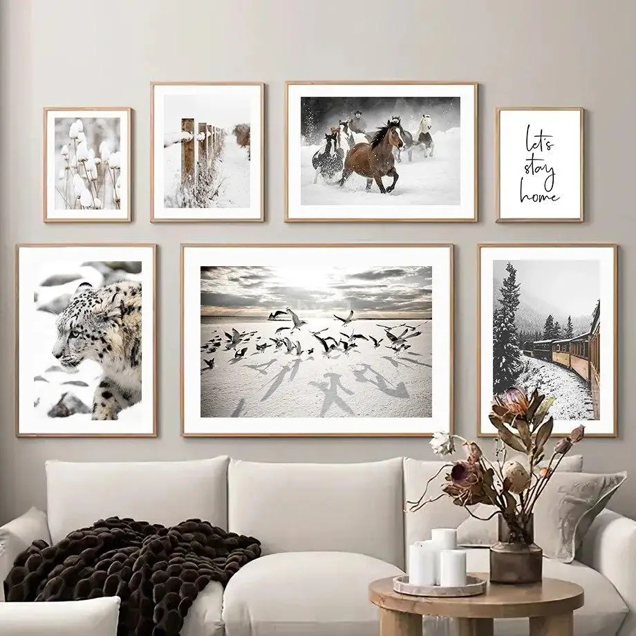 Nordic Winter Landscape Canvas Art  Snow Train Forest Cabin Horse Fox  Bird Wall Decor for Living Room