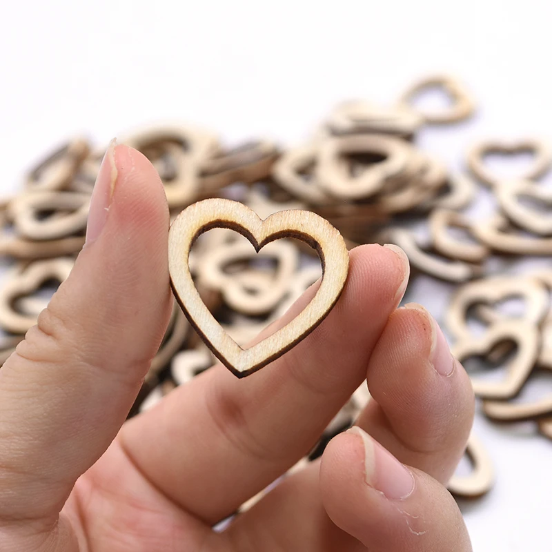100pcs 15/20/25/30mm Hollow Heart Shape Wood For Scrapbooking Handmade DIY Carfts WoodenEmbellishment Home Decor Ornament