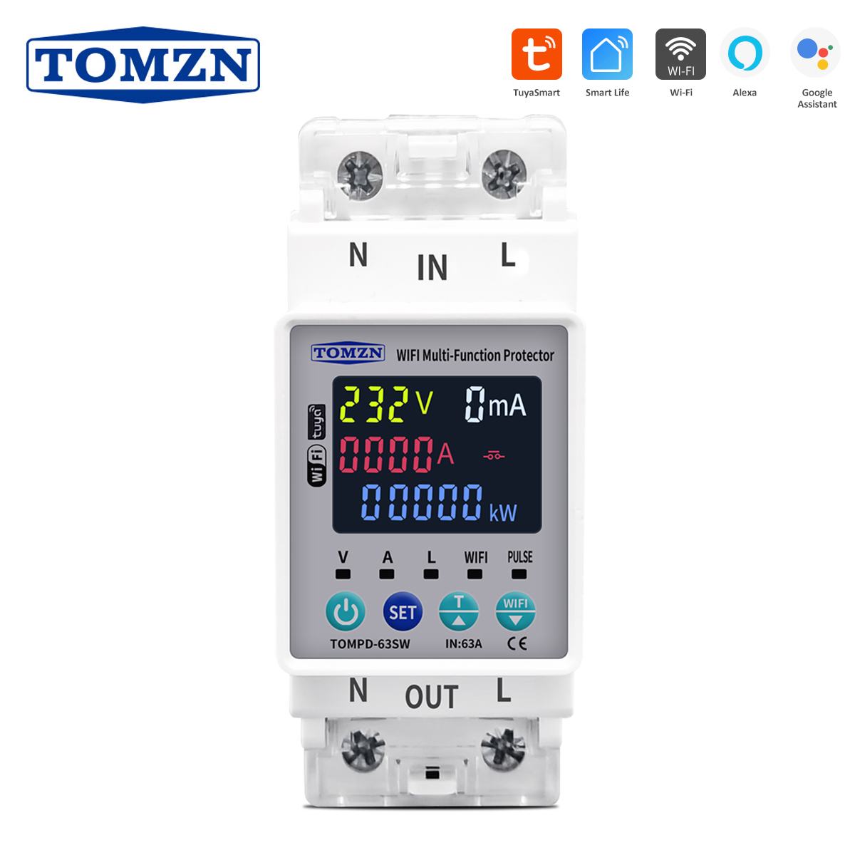 TOMZN 2P 63A 110V 220V TUYA WIFI Smart Switch Kwh Metering Circuit Breaker Timer with voltage current and leakage protection