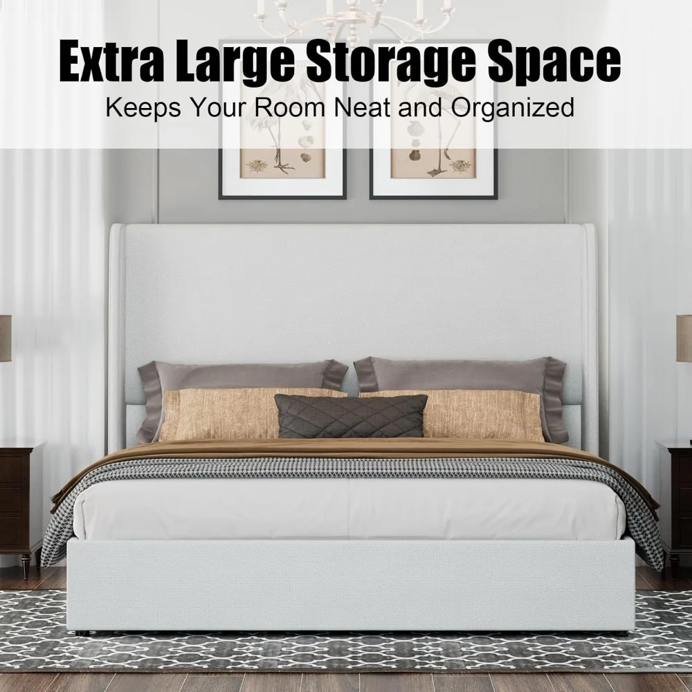 Queen Size Bed Frame Lift Up Storage Beds Linen Beds Frames with Hydraulic Storage/Wingback Headboard, Queen Bed Frame 4