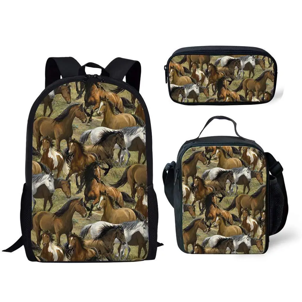 3D Printed Horses Backpack Lunch Bag Pencil Case 3pcs/set Primary Middle School Students Boys Girls Schoolbag Travel Backpack