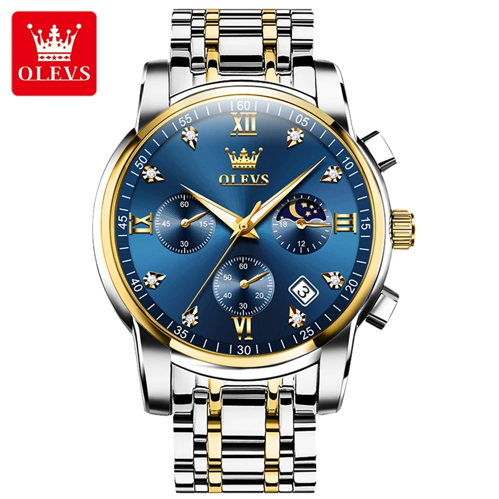 OLEVS Luxury Men's Quartz Chronograph Watch - Stainless Steel, Waterproof, Luminous, with Auto Date & Moon Phase