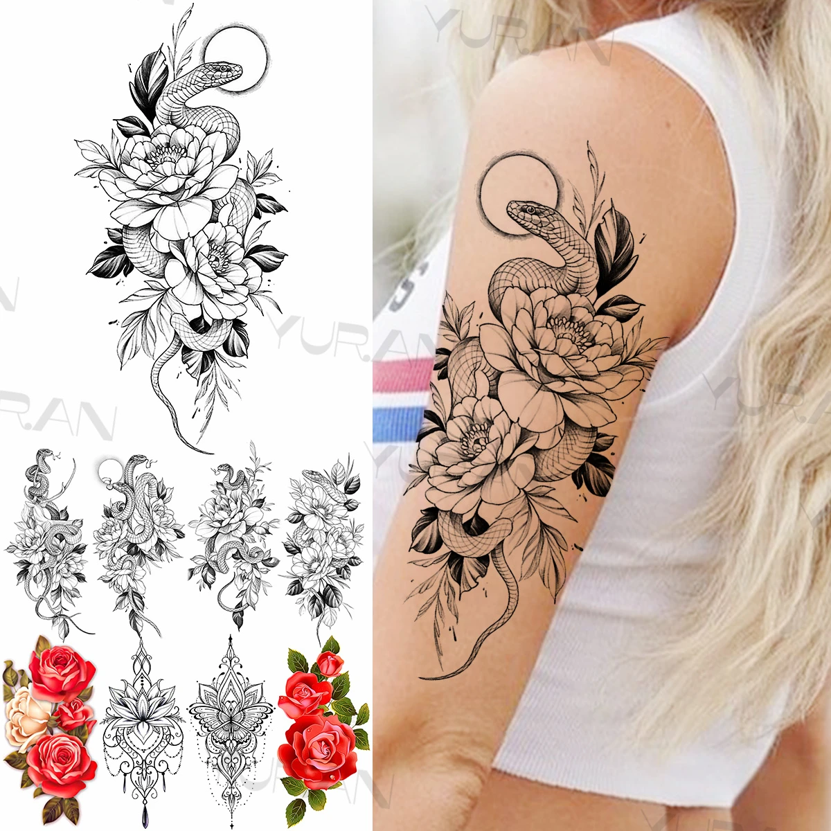 Tatouage Aquarelle Noir Et Blanc Faux tatouage temporaire pour femmes, autocollant de serpent noir Lotus,  aquarelle réaliste, fleur henné, pendentif, tatouage avant bras | AliExpress