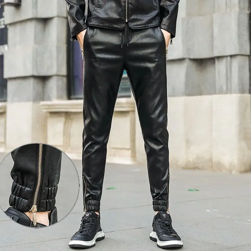 Black Straight Faux Leather Pants Men Casual Stretch Loose Pu Pants Men's  Joggers Hip Hop Motorcycle Pants - Leather Pants - AliExpress