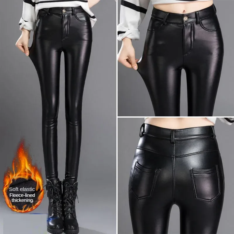 Cashmere PU Leather Pants Women's Autumn/Winter 2024 Thickened and Fleece High-Waisted Slim Fit Tight Warm Pants Leggings Black - Image 3
